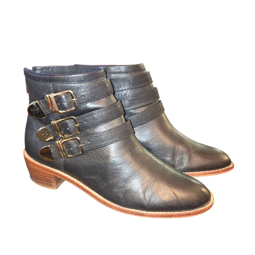Loeffler Randall Fenton 3 Gold Tone Buckle & Black Leather Ankle Booties Size 9